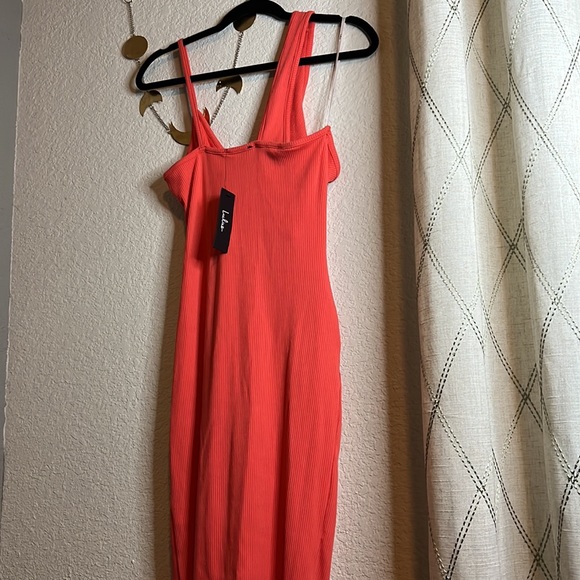 Lulus Just My Type Ribbed Asymmetrical midi dress, size medium. - Picture 8 of 9